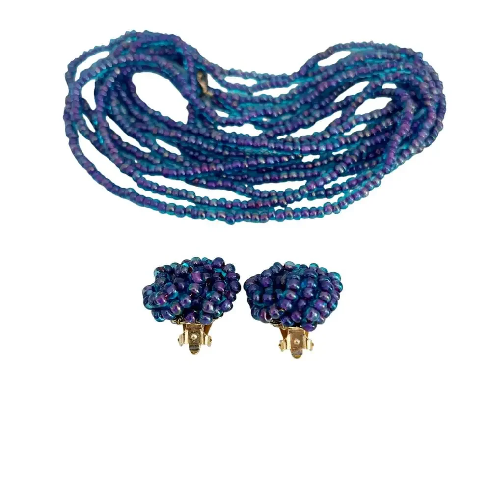 Vintage Marvella Clip Earring and Double Necklace Set Blue Seed Bead